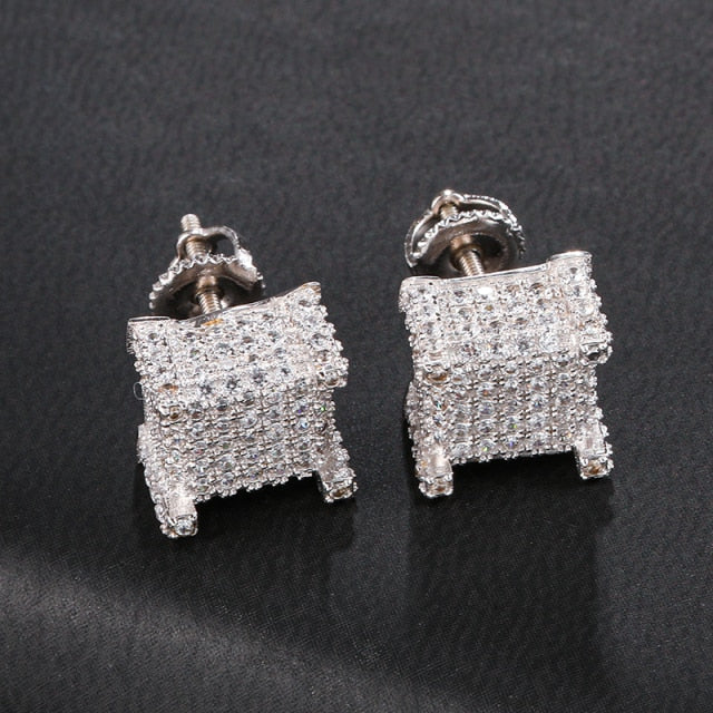 9mm Bling Flooded Ice Micro Full Pave AAA Stone Square Block Boy Hip Hop Earrings