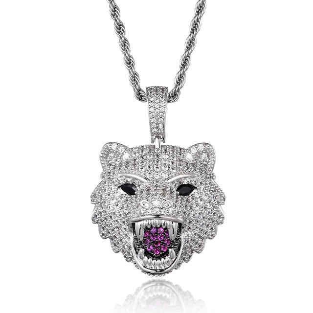 Hip Hop 14k Gold White Gold Flooded Ice Wolf Head Bling Pendant Chain Necklace