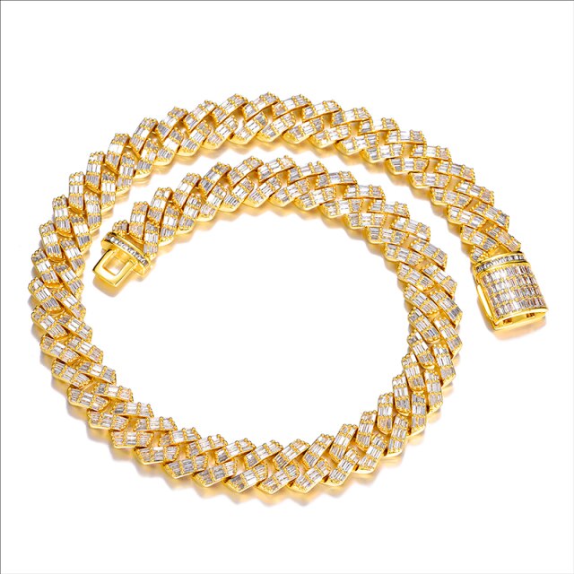 Bust Down 3 Row Baguette Ice Crazy Hip Hop 15MM 18 Inch Cuban Link Chain Necklace