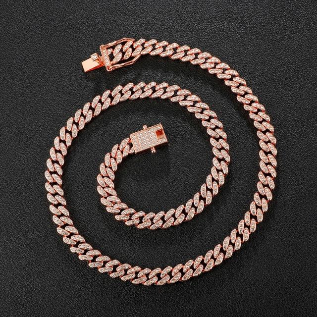 Hip Hop AAA Bling 8MM Prong Set Miami Cuban Link 14k Rose Gold Silver Bling Chain Necklace