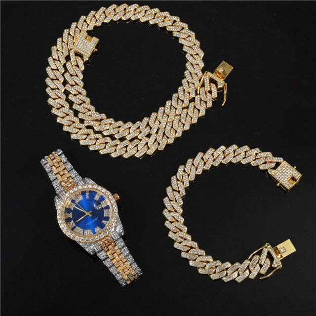 Flooded Ice Presidential Watch Hip Hop 13.5MM 3 Piece Cuban Chain Bracelet Bling Combo Set