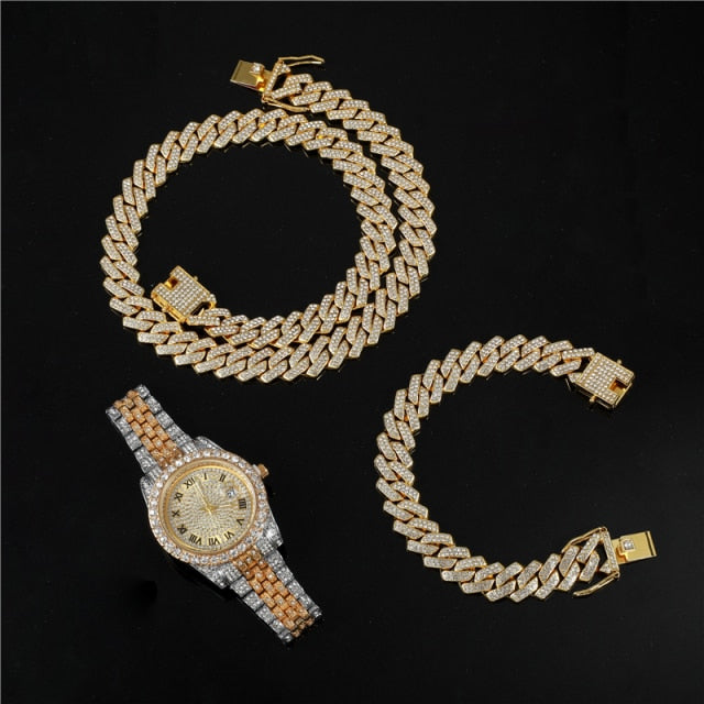 Flooded Ice Presidential Watch Hip Hop 13.5MM 3 Piece Cuban Chain Bracelet Bling Combo Set