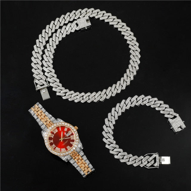 Flooded Ice Presidential Watch Hip Hop 13.5MM 3 Piece Cuban Chain Bracelet Bling Combo Set