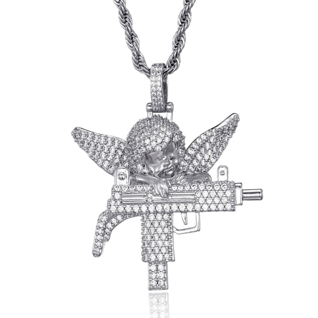 Flooded Ice Uzi Machine Hip Hop Guardian Angel Bling Pendant Chain Necklace
