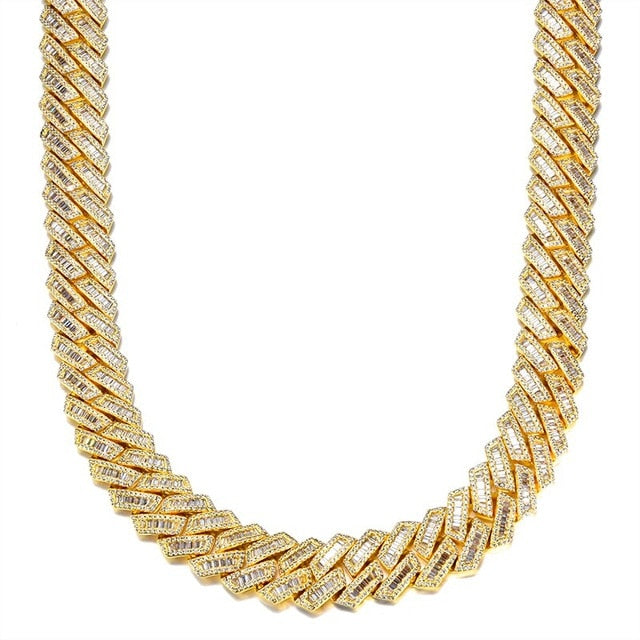14k White Yellow Gold Hip Hop 21MM 3 Row Baguette Cuban Link Bling Chain Necklace