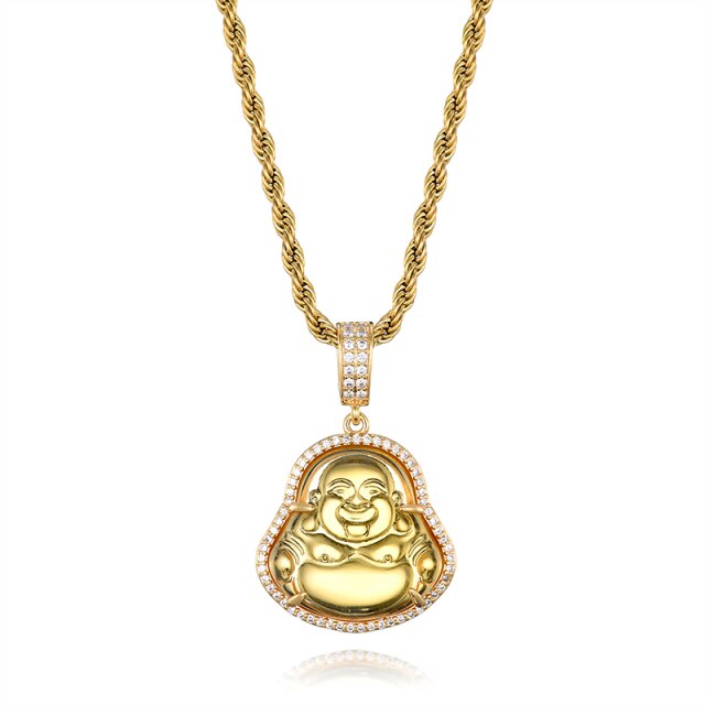 14k Gold Stainless Steel Hip Hop 8 Colors Flooded Ice Buddha Pendant Chain Necklace