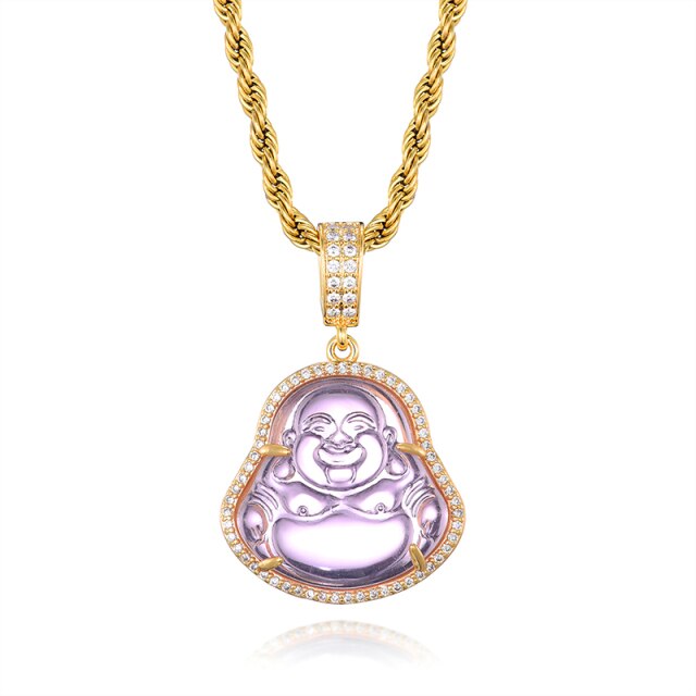 14k Gold Stainless Steel Hip Hop 8 Colors Flooded Ice Buddha Pendant Chain Necklace