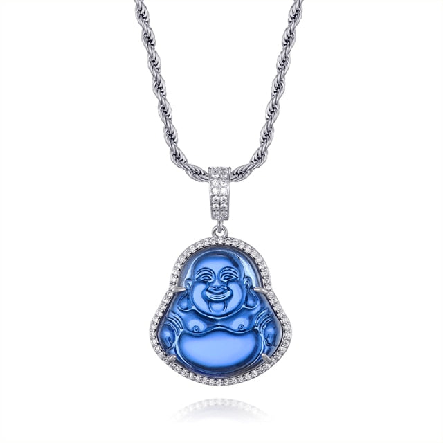 14k Gold Stainless Steel Hip Hop 8 Colors Flooded Ice Buddha Pendant Chain Necklace