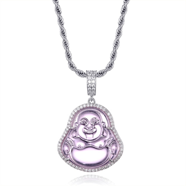 14k Gold Stainless Steel Hip Hop 8 Colors Flooded Ice Buddha Pendant Chain Necklace