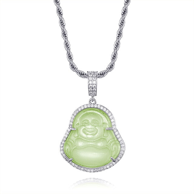 14k Gold Stainless Steel Hip Hop 8 Colors Flooded Ice Buddha Pendant Chain Necklace