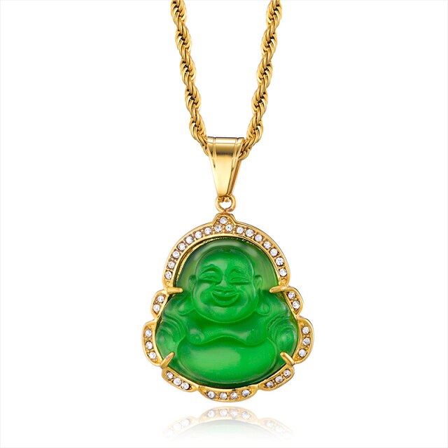 14k Gold over Titanium Steel Buddha Simulate Diamond Bling Pendant Chain Necklace