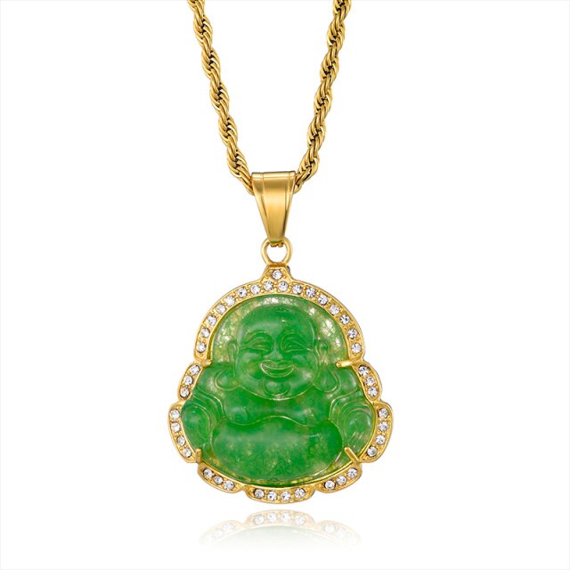 14k Gold over Titanium Steel Buddha Simulate Diamond Bling Pendant Chain Necklace