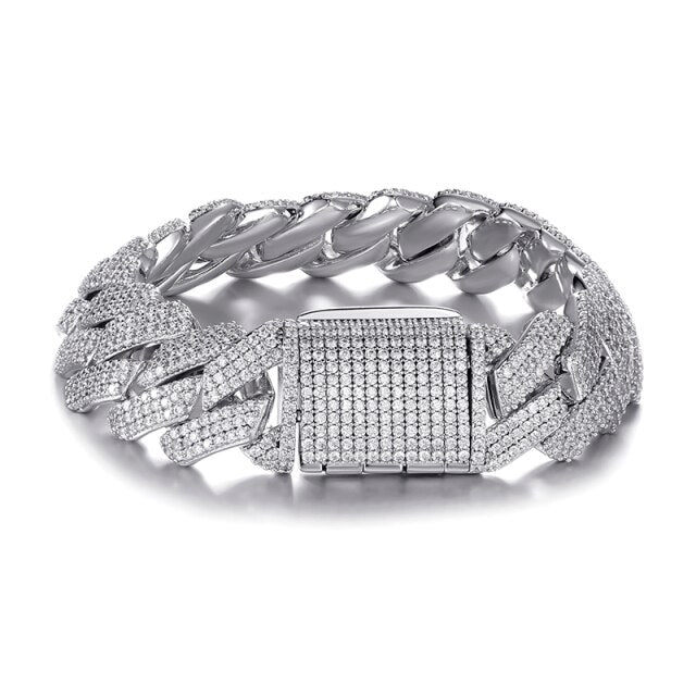 Hip Hop 19mm Close Cut Miami Cuban Link Buckle Clasp AAA Micro Pave Chain Bracelet Set
