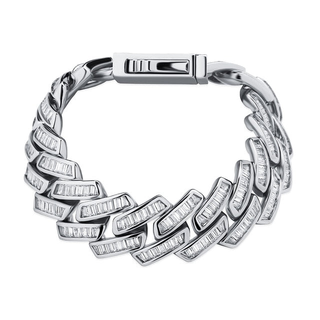Mens Flooded Ice 18mm 14k 925 Silver Baguette Pave Set Cuban Link Hip Hop Bracelet