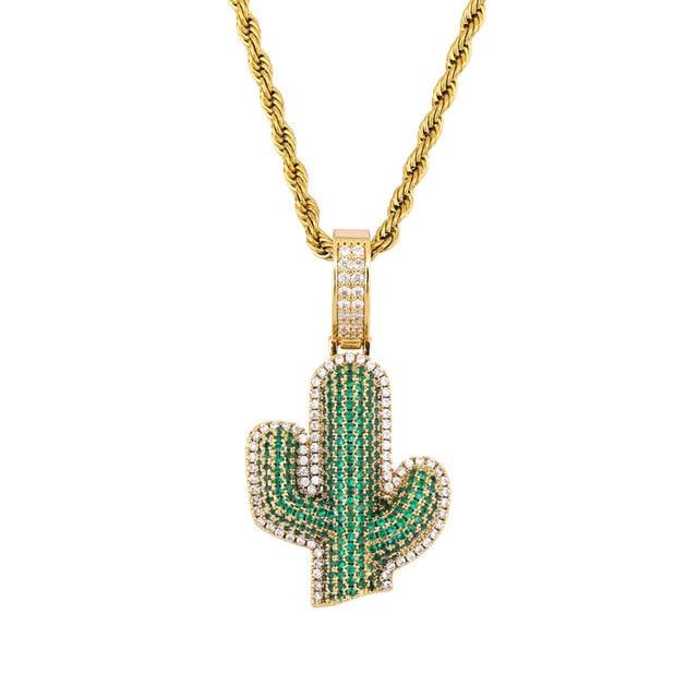 18k Gold 925 Silver Hip Hop Green Cactus Bling Pendant Chain Necklace