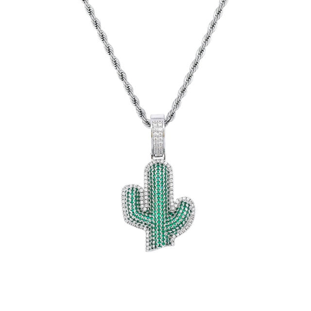 18k Gold 925 Silver Hip Hop Green Cactus Bling Pendant Chain Necklace