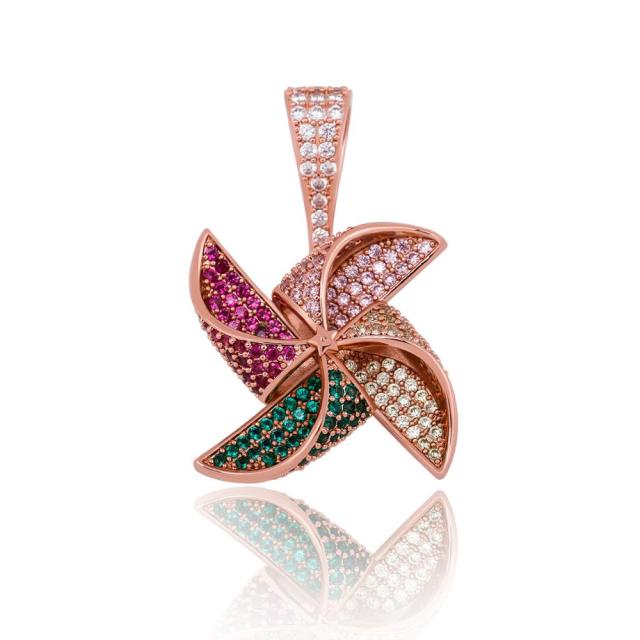 Flooded Ice 14k Gold Silver Rose Gold Rotatable Windmill Hip Hop Pendant Chain Necklace