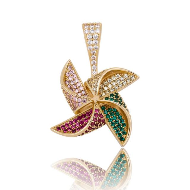 Flooded Ice 14k Gold Silver Rose Gold Rotatable Windmill Hip Hop Pendant Chain Necklace