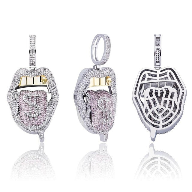 Pink Blue Cash Money Tongue Hot Girl Gold Grillz Hip Hop Pendant Chain Necklace