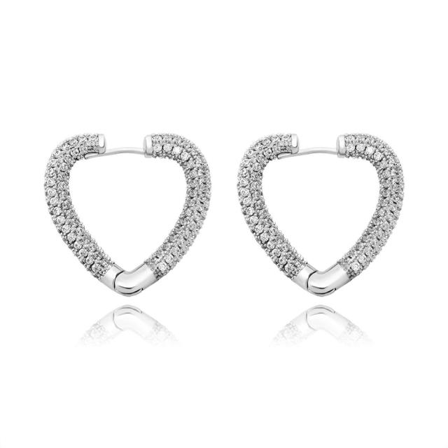 Ladies High Fashion Hoop Heart AAA Stone Yellow White Gold Bling Earrings