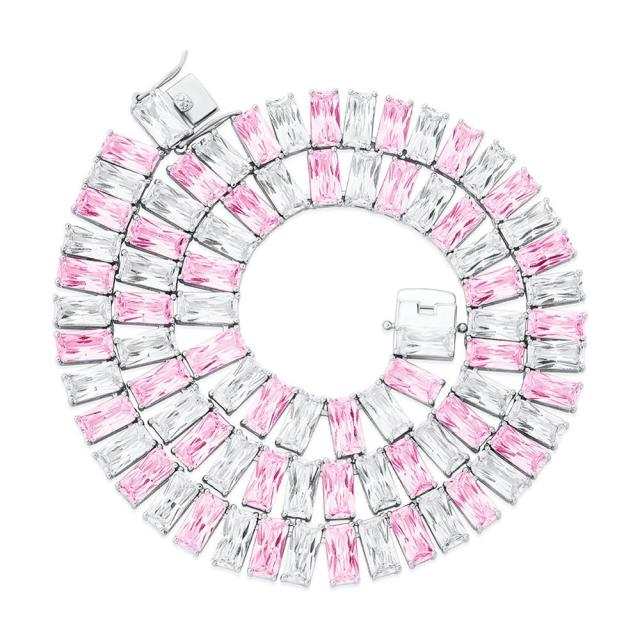 Pink Ice 10mm 14k Gold 925 Silver Baguette Chain Necklace