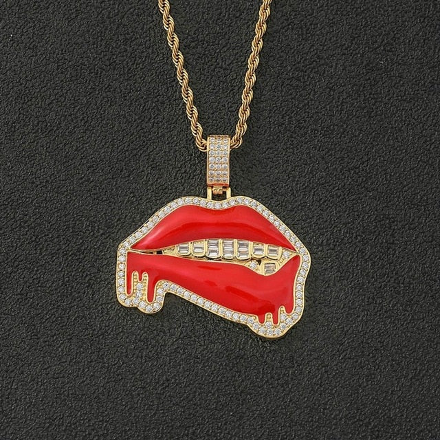 Flooded Ice Baguette Grillz Red Lipstick Dripping Drooling Hot Lips Hip Hop Pendant