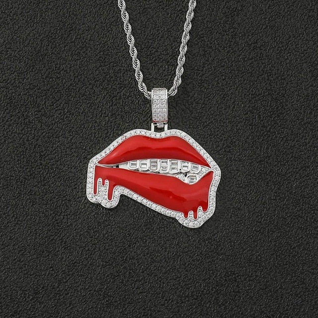 Flooded Ice Baguette Grillz Red Lipstick Dripping Drooling Hot Lips Hip Hop Pendant