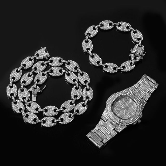 Flooded Ice Coffee Bean Hip Hop 14k Gold 925 Silver Watch Chain Bracelet Combo Set