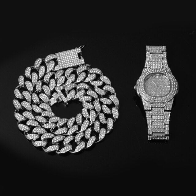 14k Rose Gold 925 Silver Big Boy 20mm Cuban Link Bracelet Watch Chain Necklace Combo Set