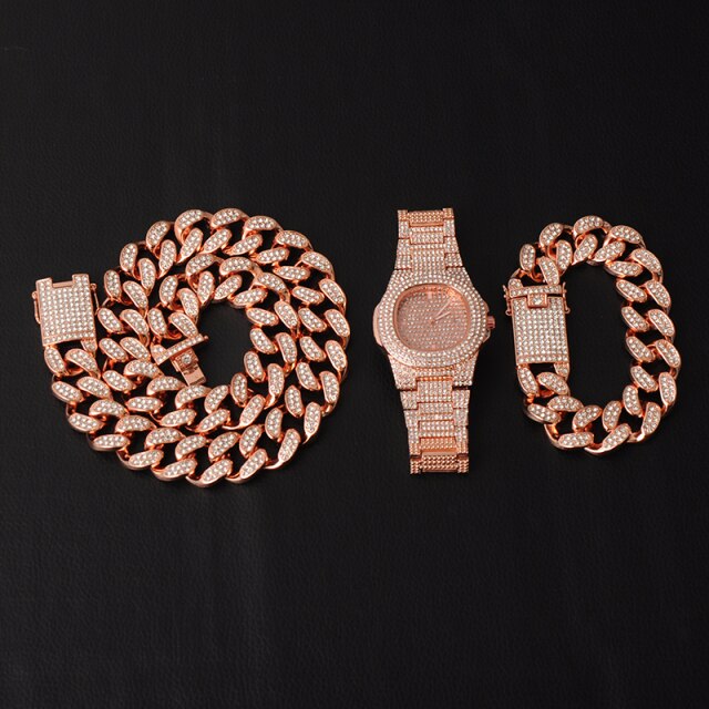 14k Rose Gold 925 Silver Big Boy 20mm Cuban Link Bracelet Watch Chain Necklace Combo Set