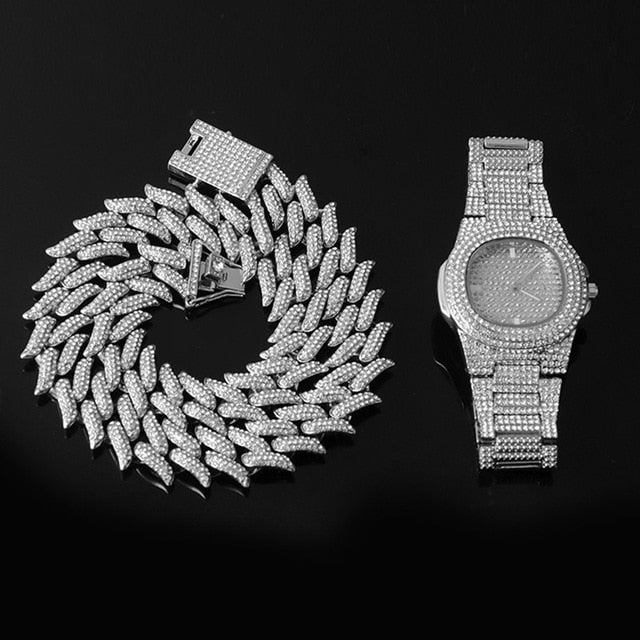 Crown Of Thorns Hip Hop 19MM Flooded Ice 3pcs Watch Necklace Bracelet Combo Set It Off Set