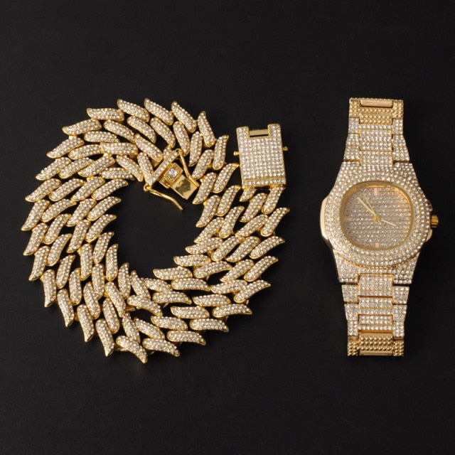 Crown Of Thorns Hip Hop 19MM Flooded Ice 3pcs Watch Necklace Bracelet Combo Set It Off Set