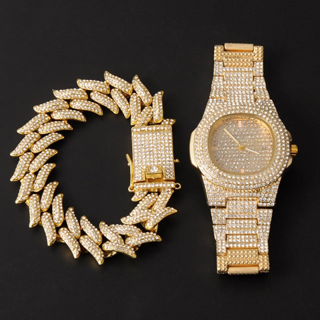 Crown Of Thorns Hip Hop 19MM Flooded Ice 3pcs Watch Necklace Bracelet Combo Set It Off Set
