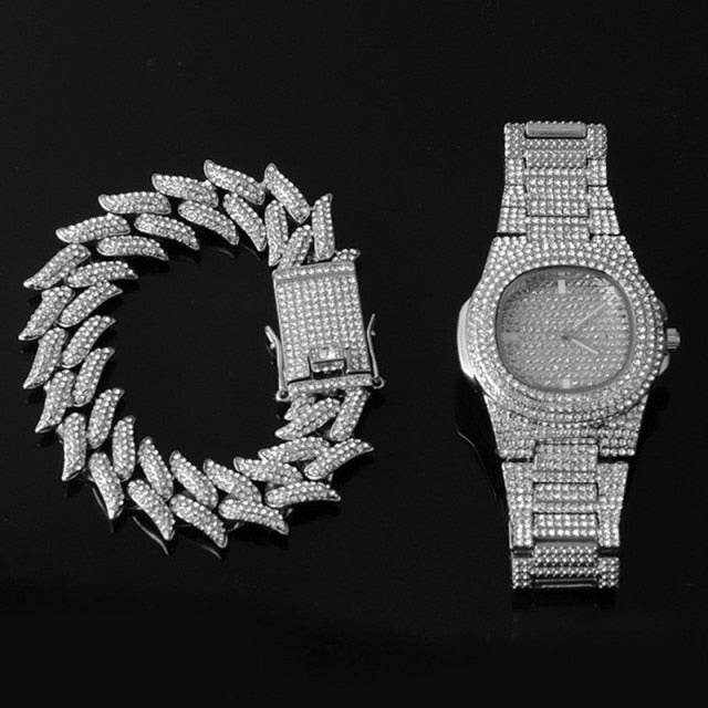 Crown Of Thorns Hip Hop 19MM Flooded Ice 3pcs Watch Necklace Bracelet Combo Set It Off Set