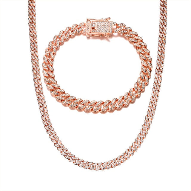 Fire Starter | Hip Hop 13mm Fully Iced Paved Miami Cuban Link Chain Bracelet Set