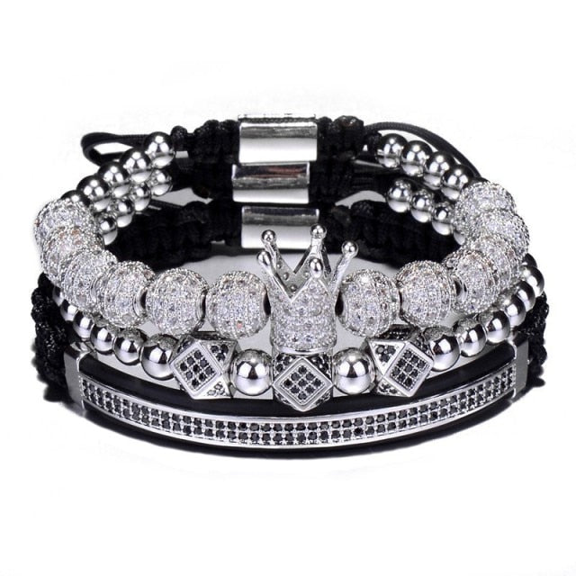 8mm AAA+ Micro Pave 3 Piece Mens Luxury Ball chain Braided Kings Crown Bracelet Set
