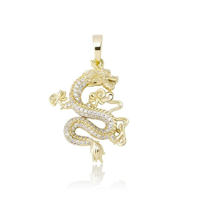 14k White Yellow Rose Gold Lucky Dragon Hip Hop Flooded Ice Pendant Chain Necklace