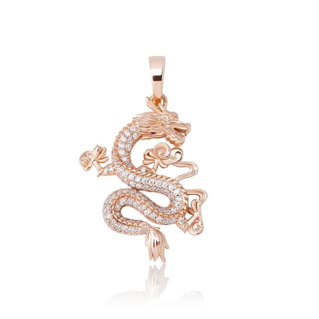 14k White Yellow Rose Gold Lucky Dragon Hip Hop Flooded Ice Pendant Chain Necklace
