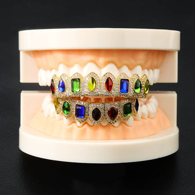BLINGJEWELZ Crown Jewelz Flooded Ice Kings Grillz Hip Hop Mens Colorful Candy Mouth Teeth Grillz Set