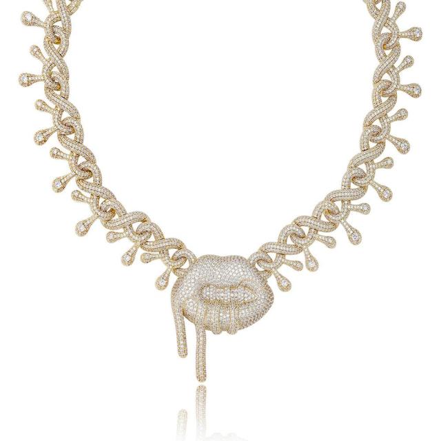 Flooded Ice All Drip Drop Drooling Lips Hip Hip 14k White Yellow Rose Gold Bling Chain Necklaces