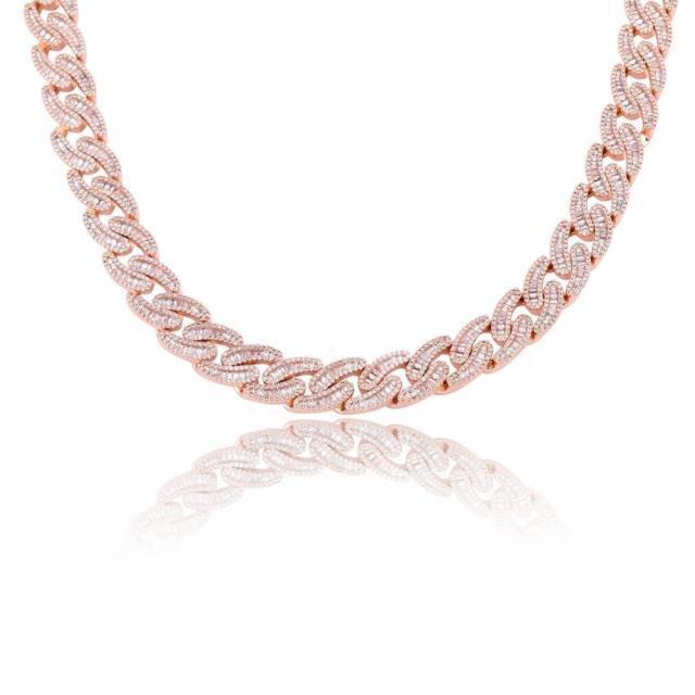 Mens 14mm Hip Hop Fashin Oval Baguette Prong Set Street Wear Bling Link Chain Necklace