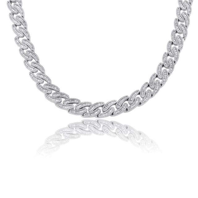 Mens 14mm Hip Hop Fashin Oval Baguette Prong Set Street Wear Bling Link Chain Necklace