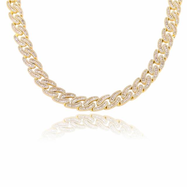 Mens 14mm Hip Hop Fashin Oval Baguette Prong Set Street Wear Bling Link Chain Necklace