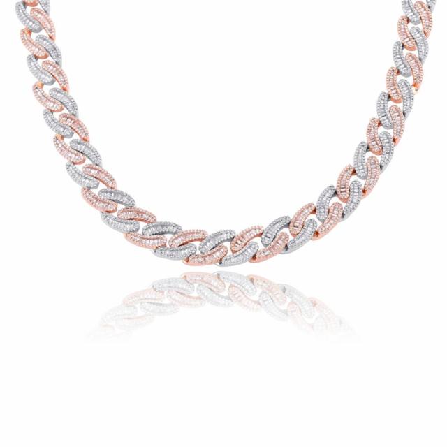 Mens 14mm Hip Hop Fashin Oval Baguette Prong Set Street Wear Bling Link Chain Necklace