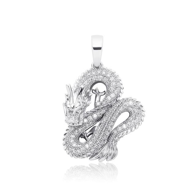 Mens Street Wear Ice Sculptured Detailed Dragon Hip Hop Pendant Chain Necklace