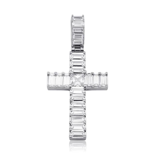 Mens Hip Hop All Squared Baguette Micro Prong Set Bling Cross Pendant