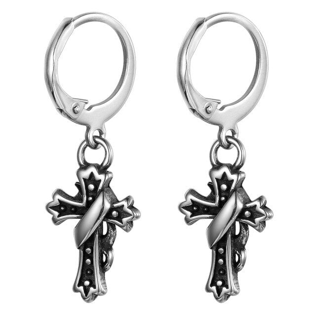 Ribbon Cross Dangle Hoop Huggie Style Stainless Steel Fashion Statement Earrings