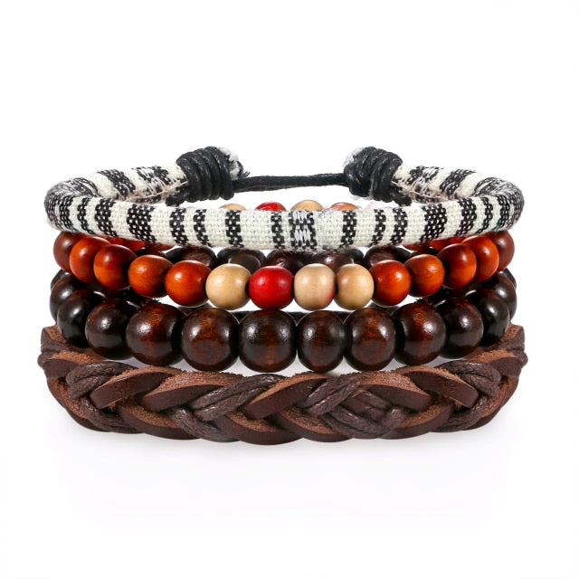 Street Wear Fashion Wooden Beaded Black Brown Leather Bracelets