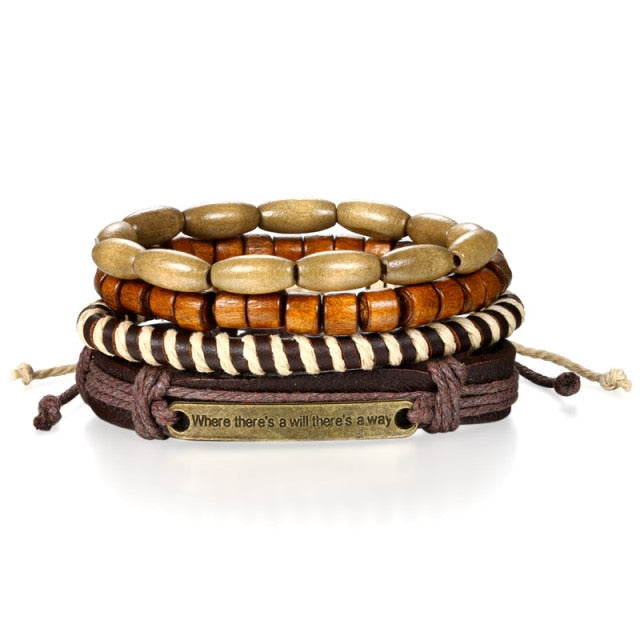 Street Wear Fashion Wooden Beaded Black Brown Leather Bracelets