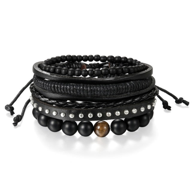 Street Wear Fashion Wooden Beaded Black Brown Leather Bracelets